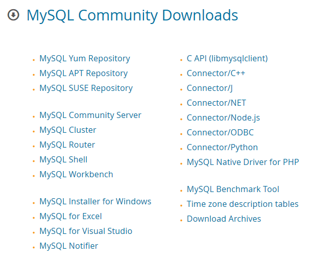MySQL list of installers MySQL list of installers