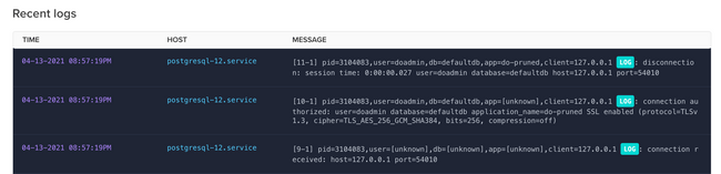 DigitalOcean Recent Logs section DigitalOcean Recent Logs section