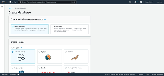 Database creation page Database creation page
