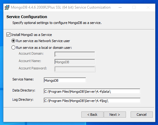 MongoDB service configuration MongoDB service configuration