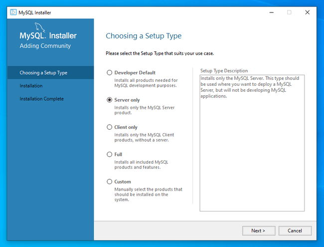 MySQL choose setup type MySQL choose setup type