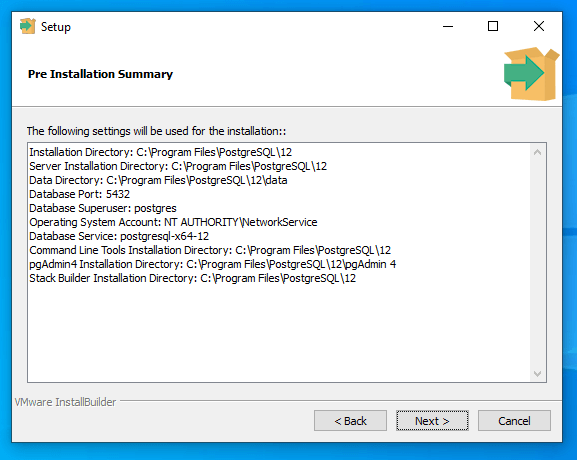 PostgreSQL installation summary PostgreSQL installation summary